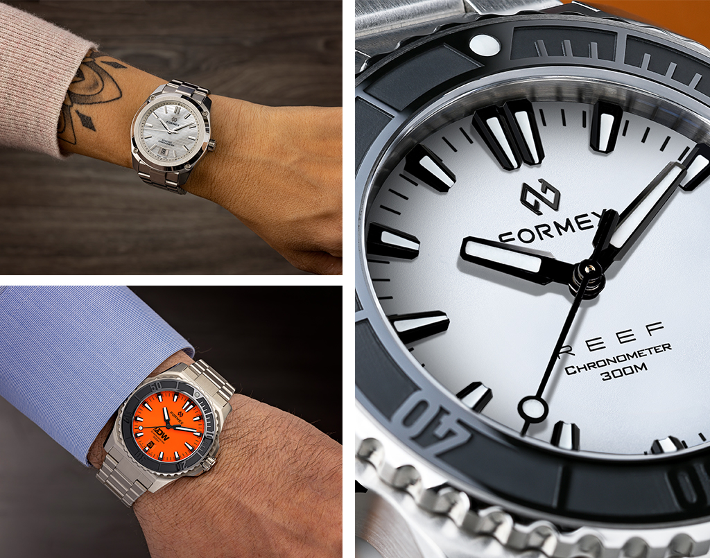 Top left: Essence 39mm Mother-of-Pearl. Bottom left: REEF Diver's Watches Limited Edition. Right: REEF 300M White dial